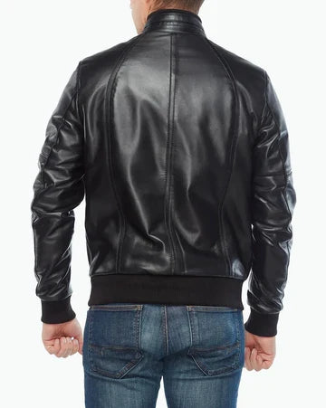 Mens Black Leather Bomber Biker Jacket