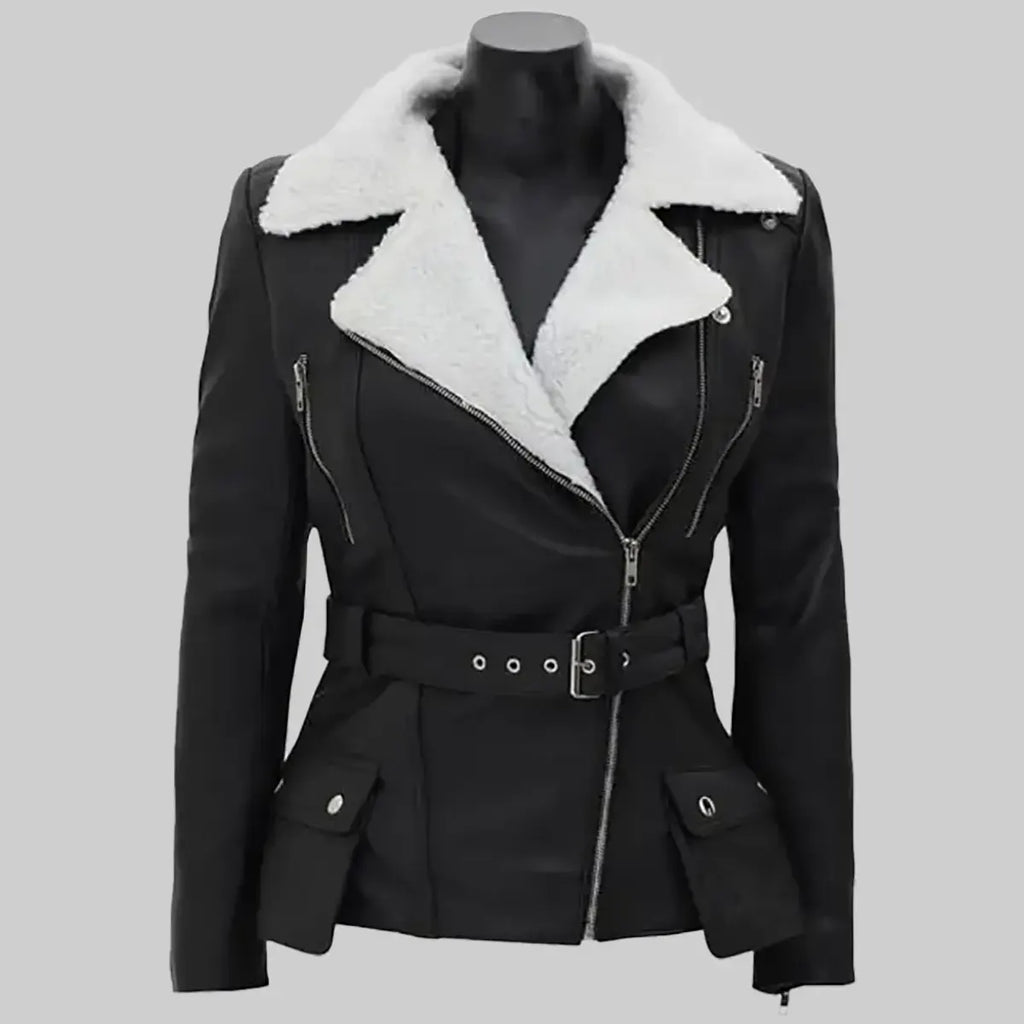 Women’s Black Biker Shearling Leather Jacket