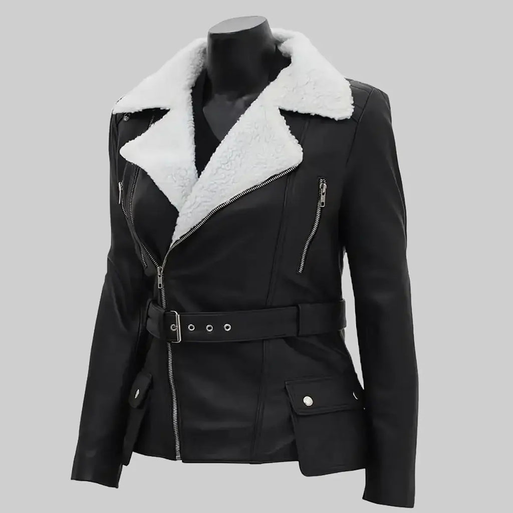 Women’s Black Biker Shearling Leather Jacket