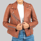 Elaine Women’s Brown Leather Biker Jacket