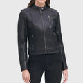 Womens Black Quilted Moto Cafe Racer Biker Jacket