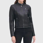 Womens Black Quilted Moto Cafe Racer Biker Jacket