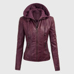 Womens Maroon Detachable Hooded Leather Jacket