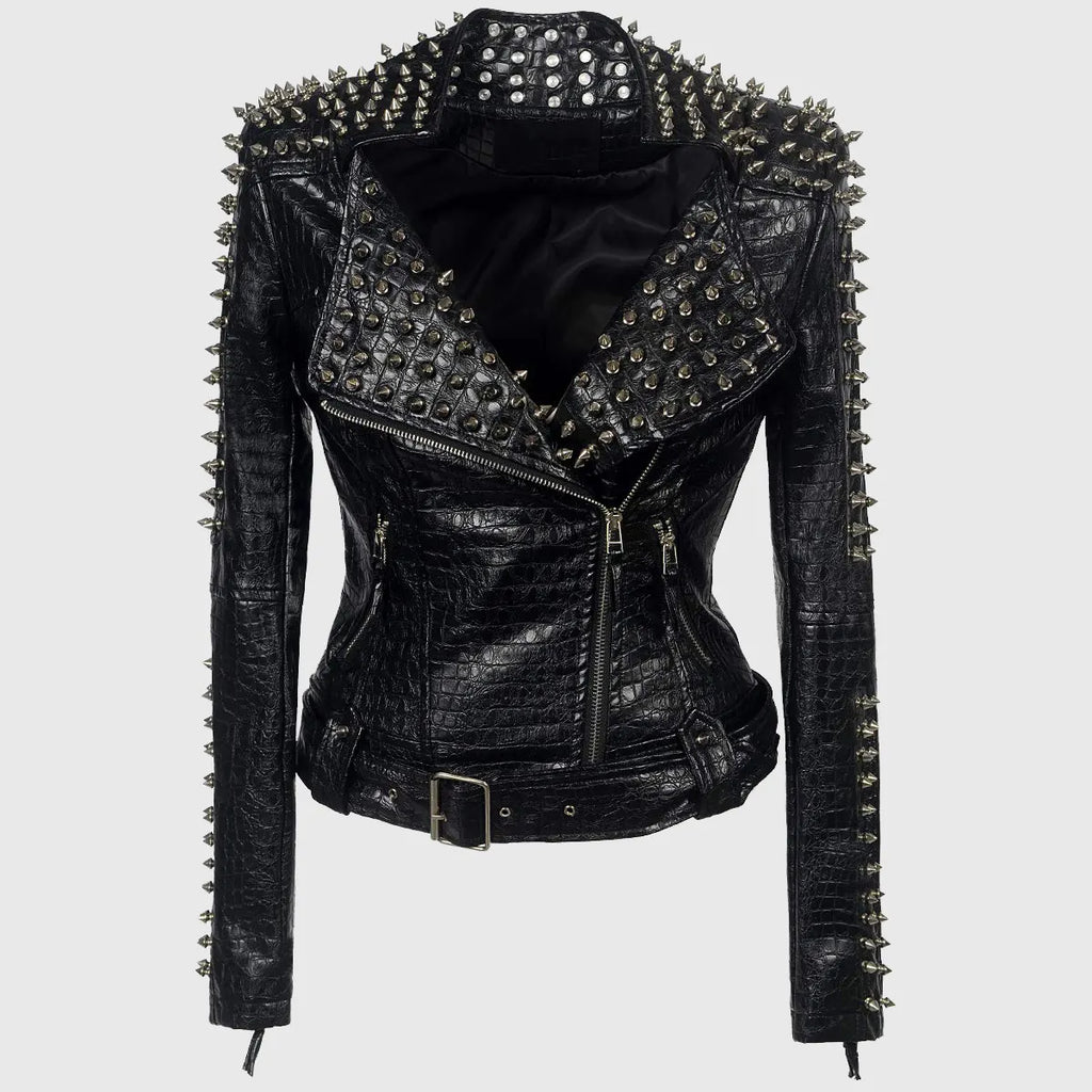 Womens Harper Black Studded Biker Leather Jacket