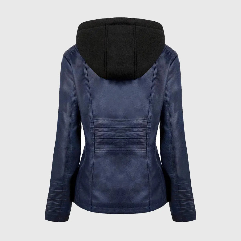 Womens Blue Hooded Leather Jacket