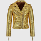 Women’s Golden Metallic Leather Biker Jacket