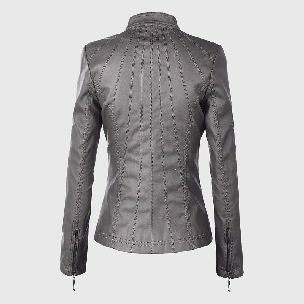 Womens Grey Moto Biker Leather Jacket