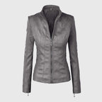Womens Grey Moto Biker Leather Jacket