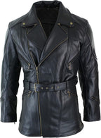 Mens Genuine Leather Coat 3/4 Quarter Motorcycle Black Biker Long Jacket Leather Car Coat Winter Outerwear