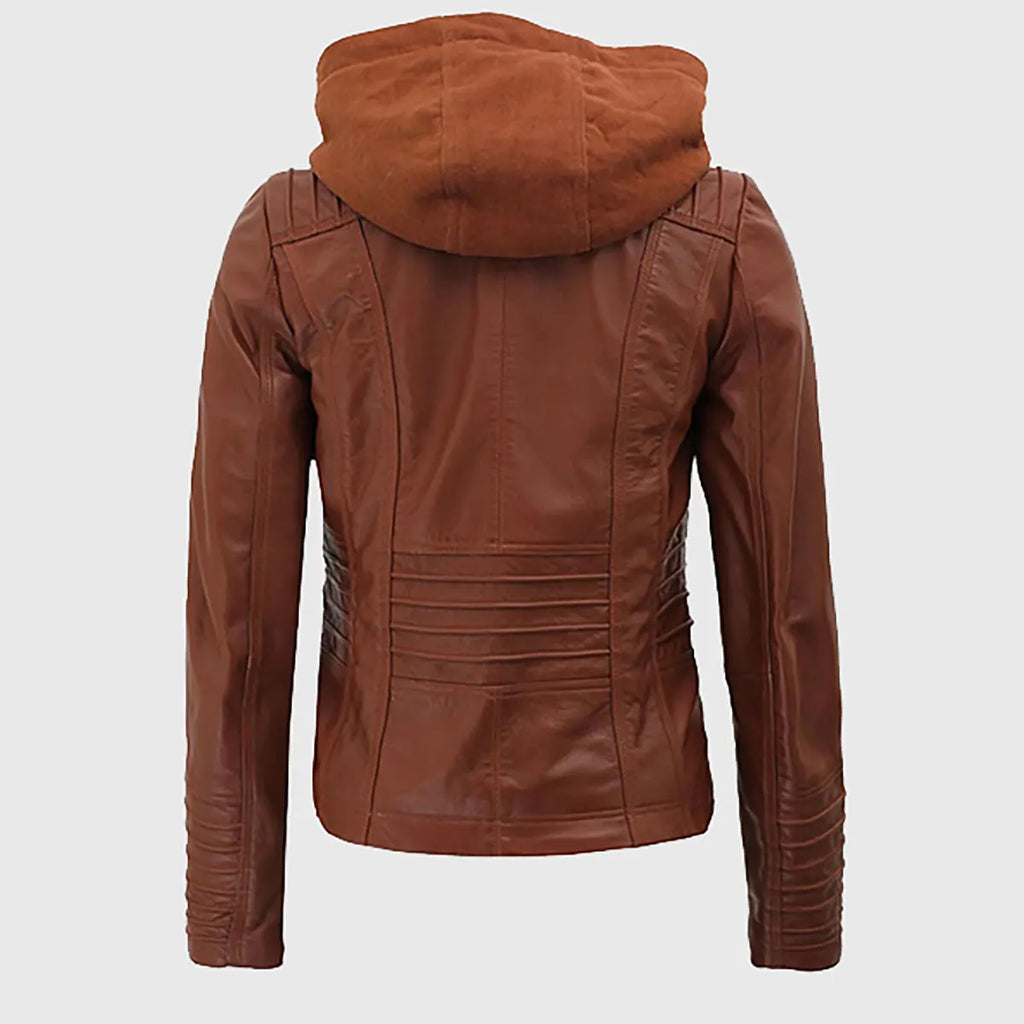 Women’s Cognac Hooded Leather Biker Jacket
