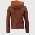 Women’s Cognac Hooded Leather Biker Jacket